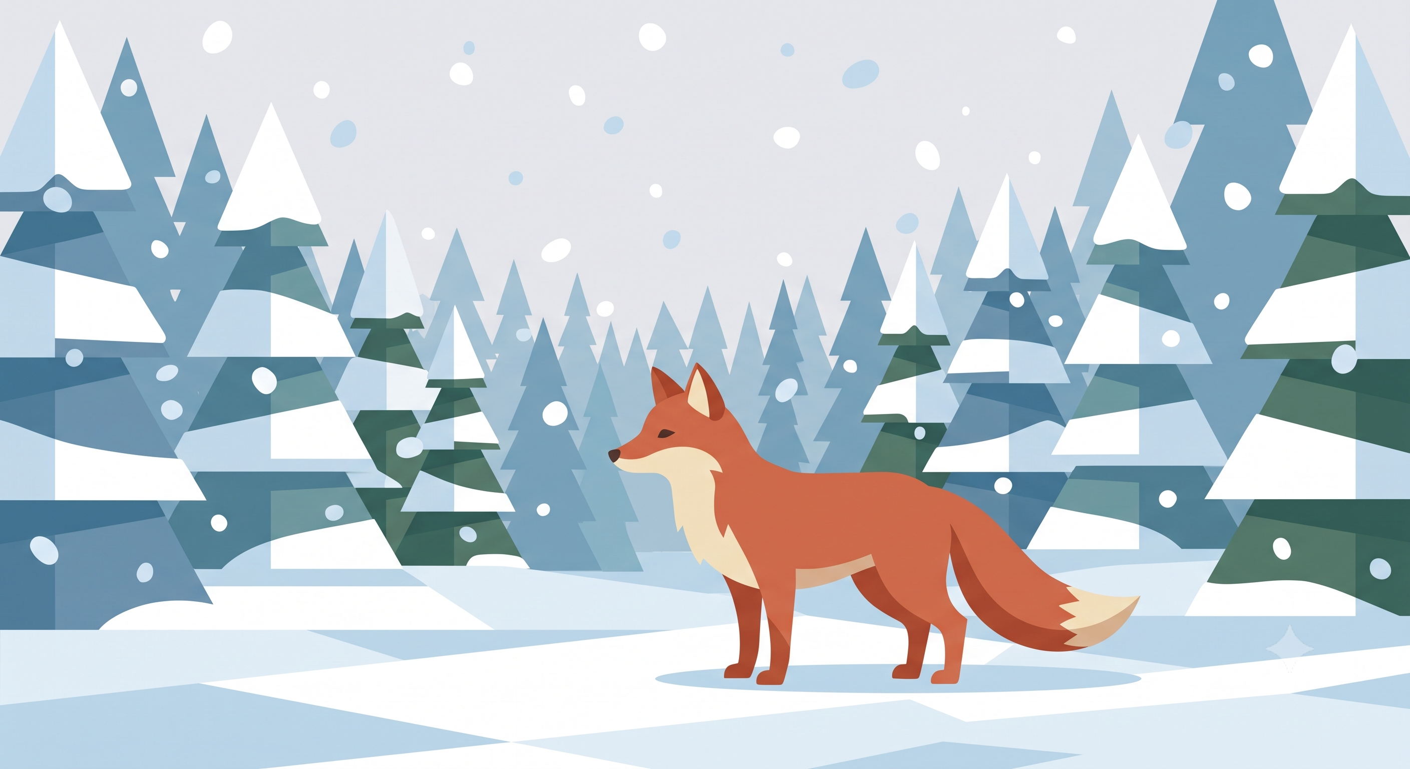 AI-generated fox in a snowy forest, flat art