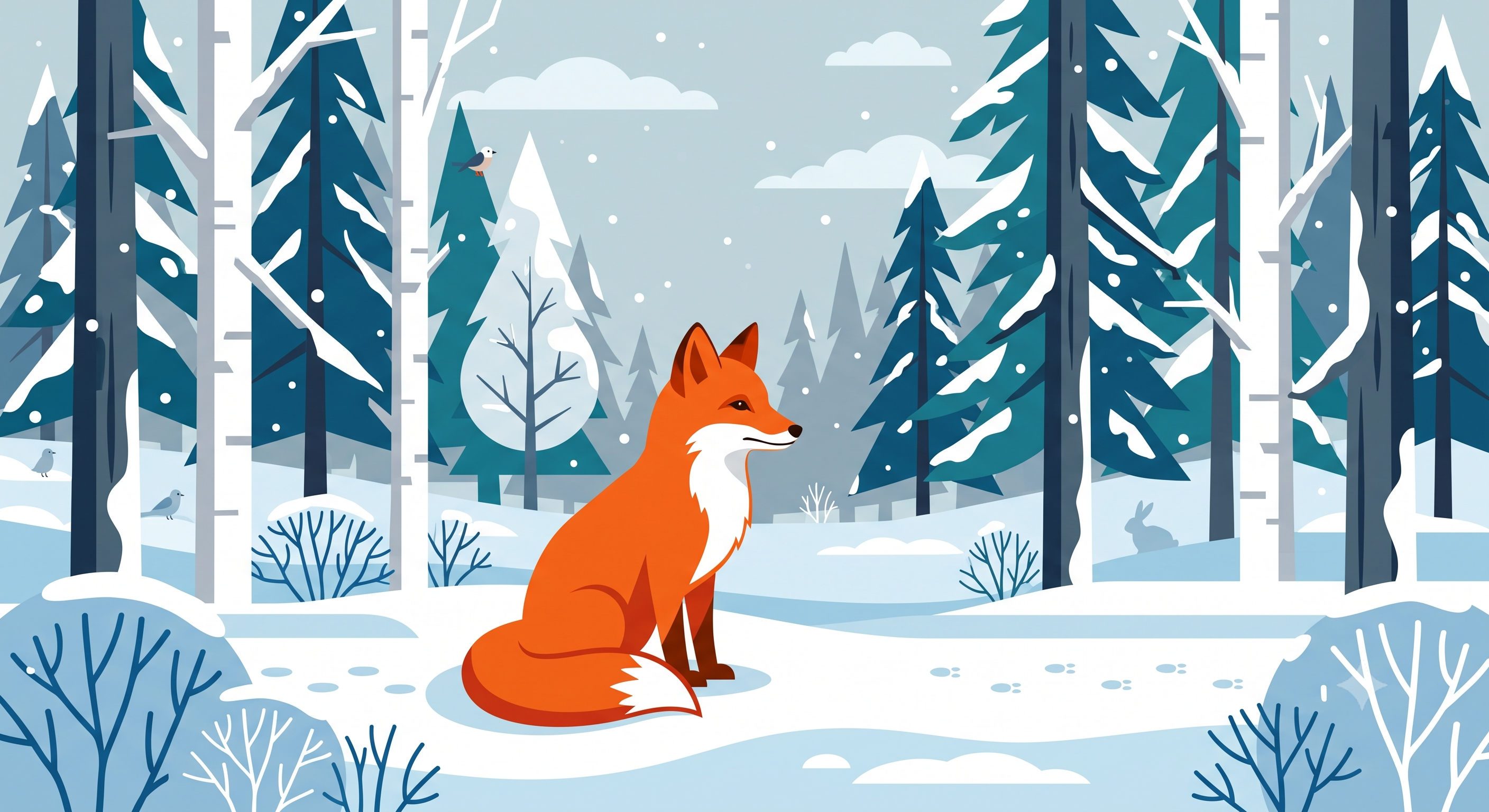 AI-generated fox in a snowy forest, flat art