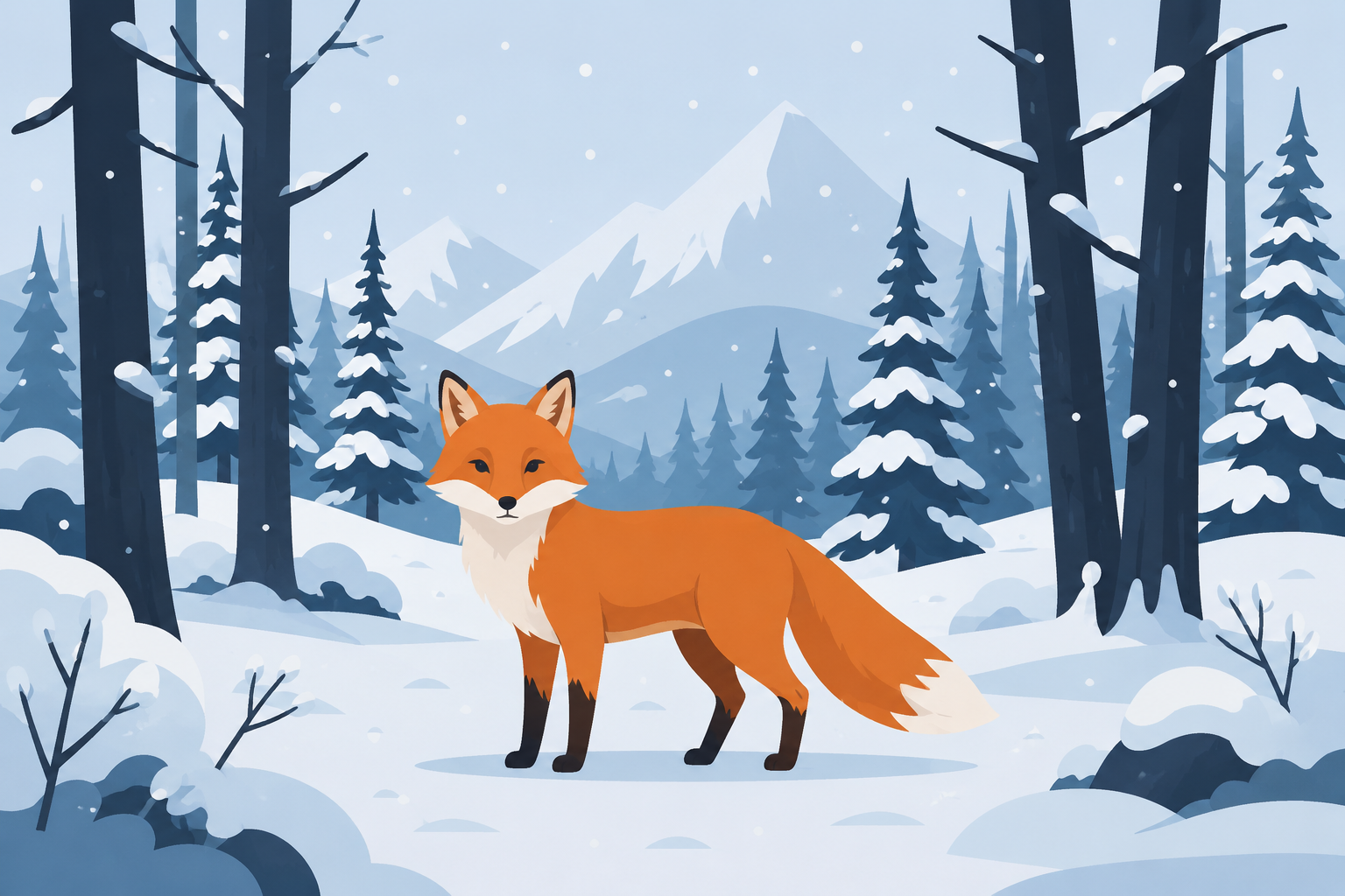 AI-generated fox in a snowy forest, flat art