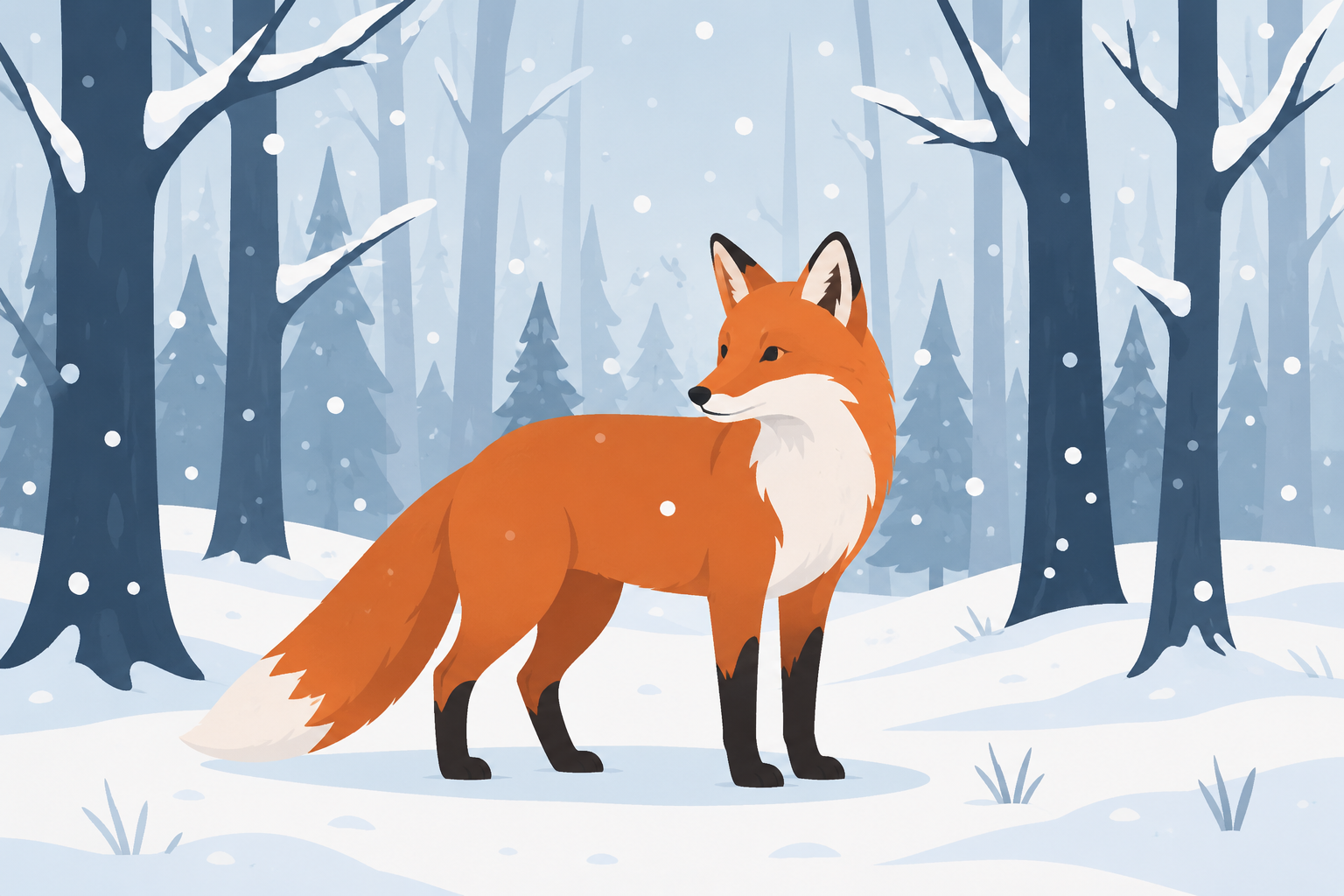 AI-generated fox in a snowy forest, flat art